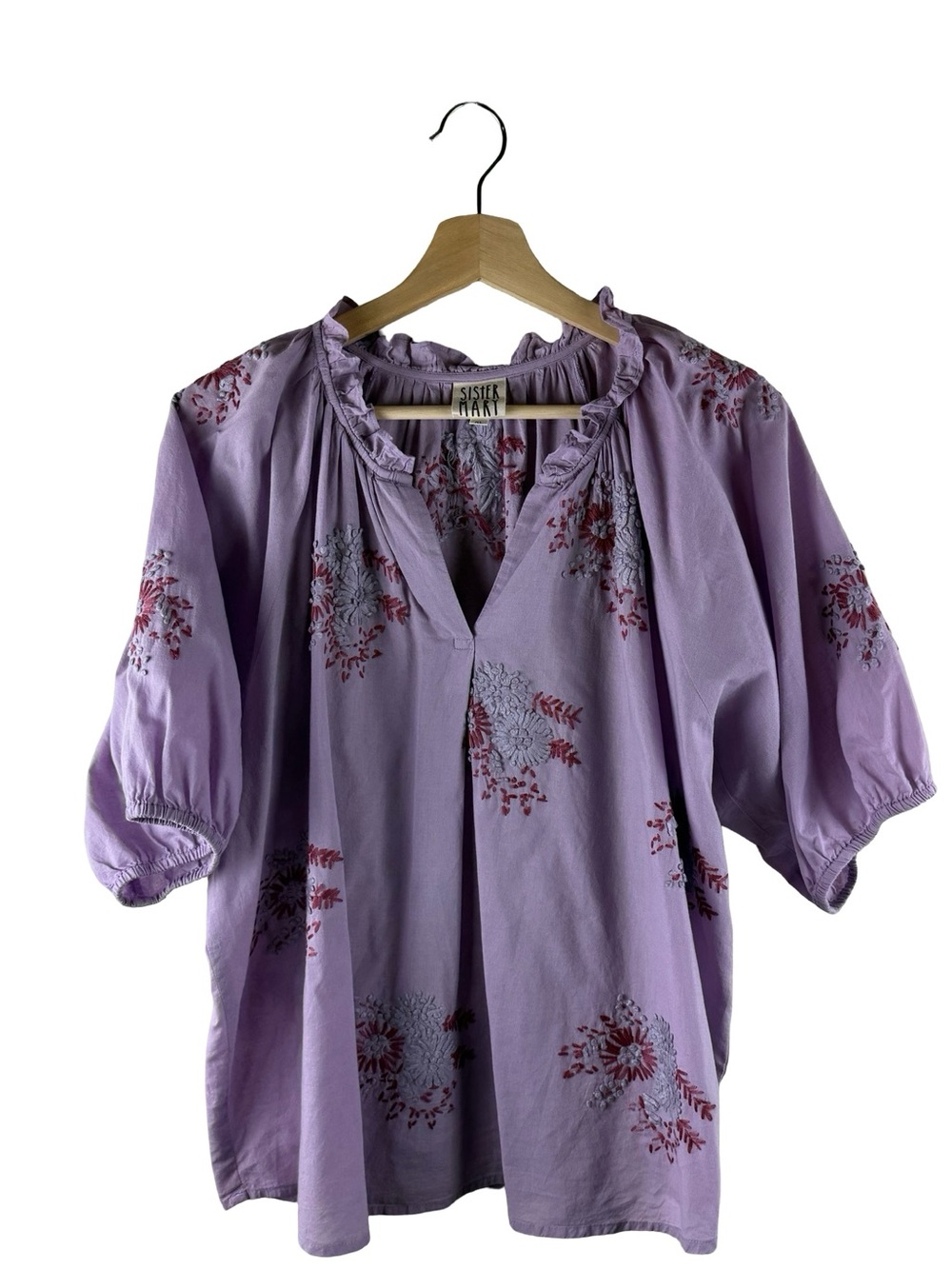 Sister Mary Blouse XL Cotton Floral Embroidered Short Sleeve Cottage Core Boho